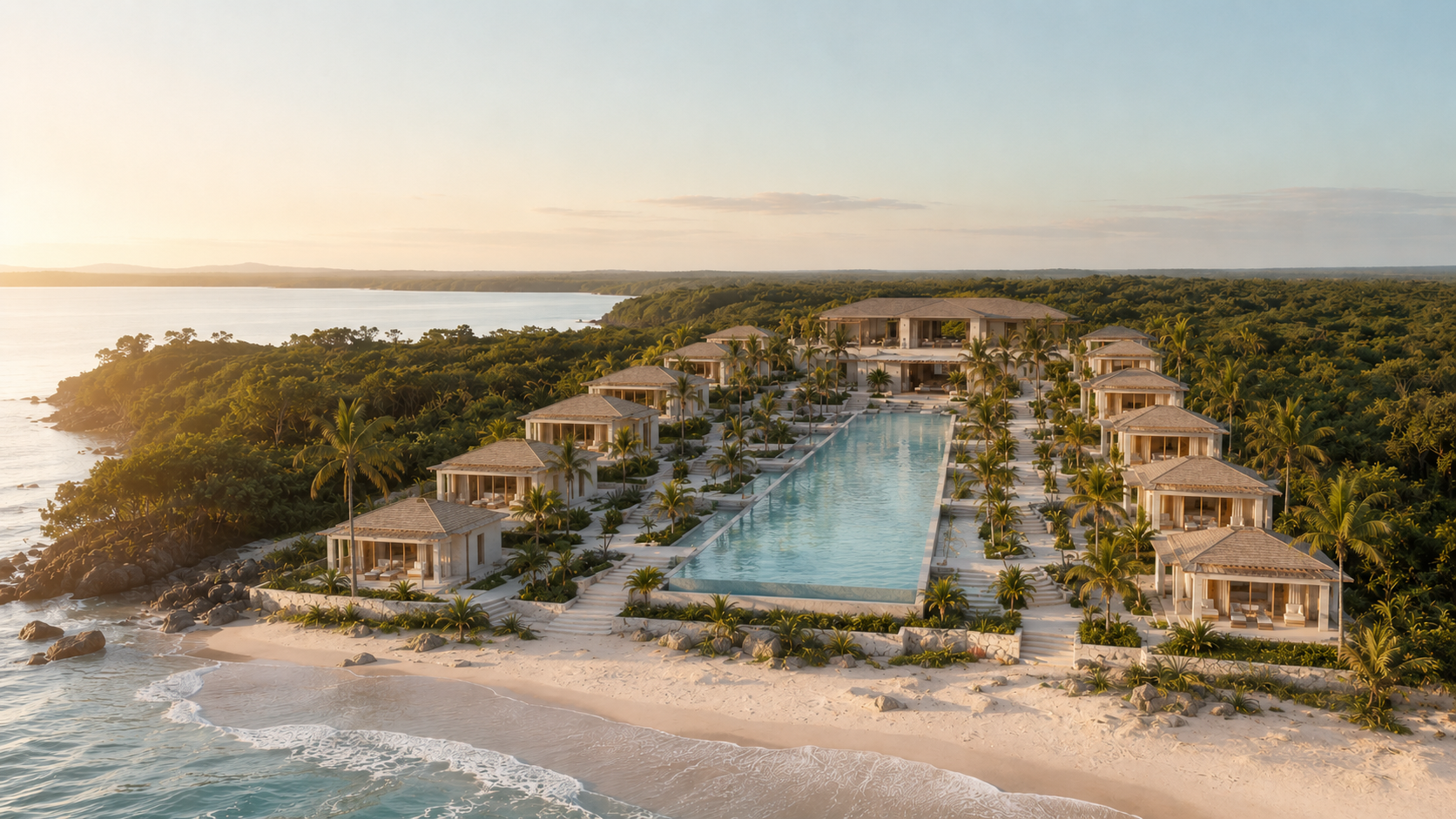 Architectural vision of Villa San Juan with a main villa, infinity pool and tropical cabanas beside the Pacific